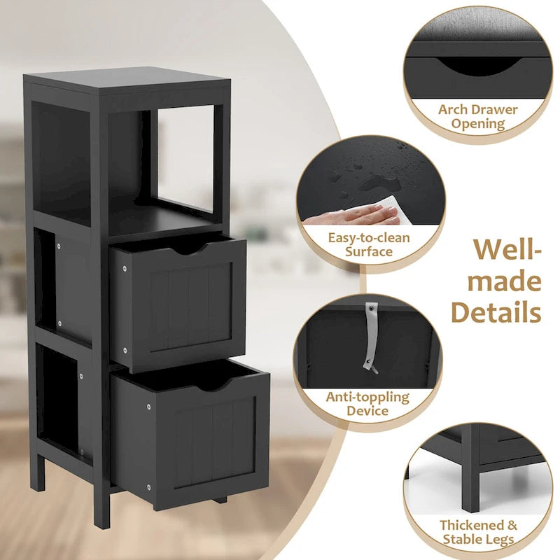 4-Tier Freestanding Bathroom Floor Cabinet with 2 Drawers & Open Shelf, MDF