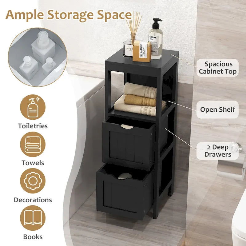 4-Tier Freestanding Bathroom Floor Cabinet with 2 Drawers & Open Shelf, MDF