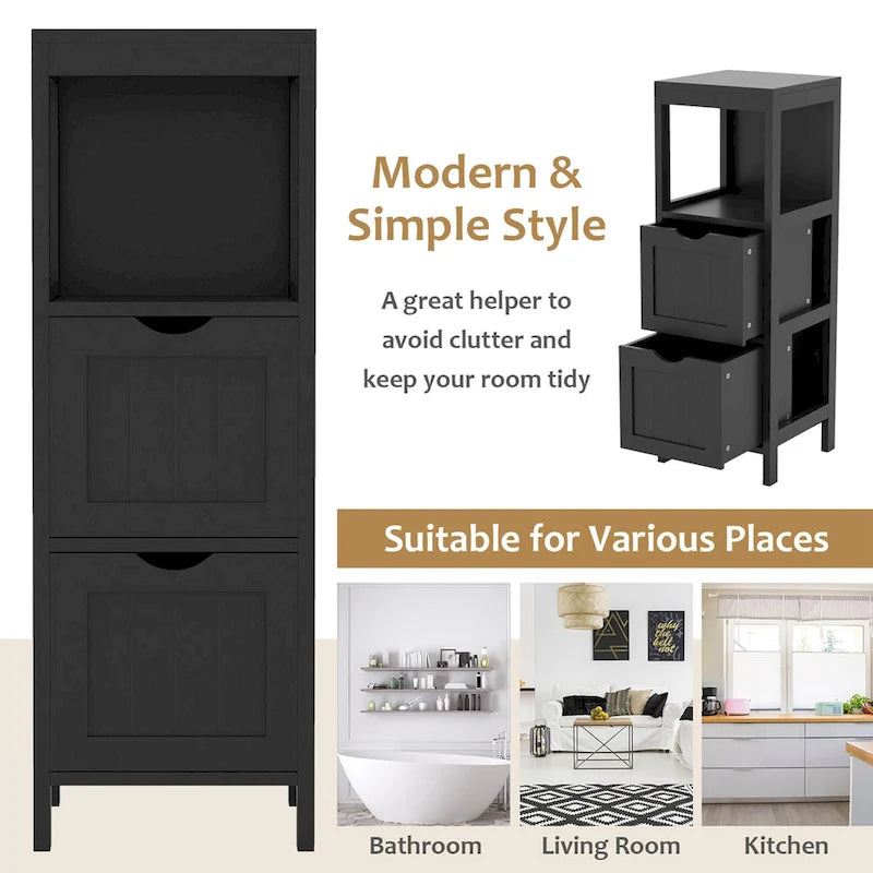 4-Tier Freestanding Bathroom Floor Cabinet with 2 Drawers & Open Shelf, MDF