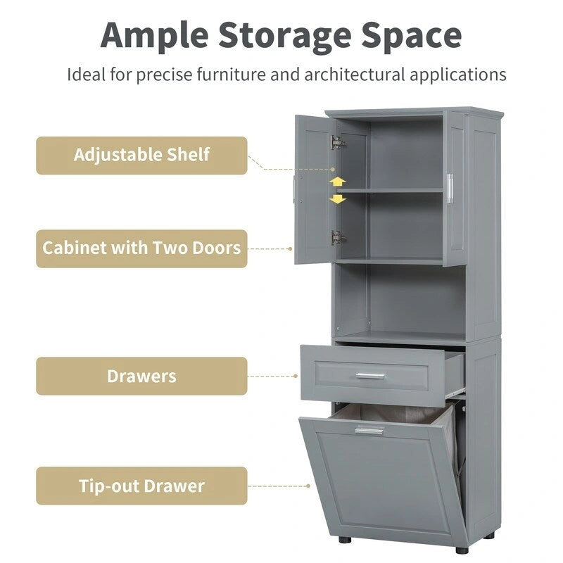 Tall Bathroom Storage Cabinet with Tilt-Out Laundry Basket, Drawer and Adjustable Shelf, Freestanding Floor Cabinet