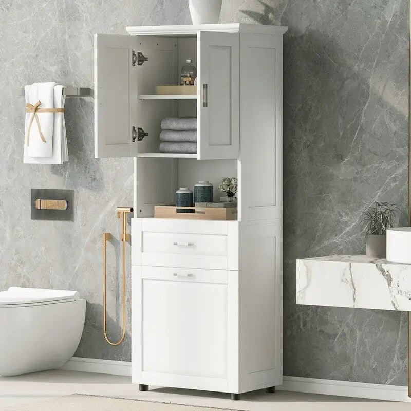 Tall Bathroom Storage Cabinet with Tilt-Out Laundry Basket, Drawer and Adjustable Shelf, Freestanding Floor Cabinet