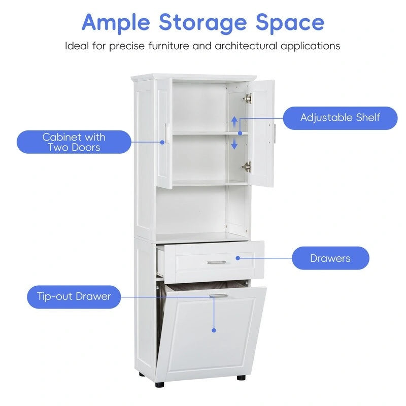 Tall Bathroom Storage Cabinet with Tilt-Out Laundry Basket, Drawer and Adjustable Shelf, Freestanding Floor Cabinet