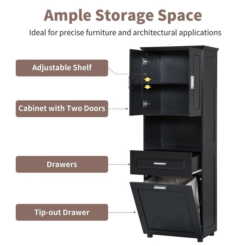 Tall Bathroom Storage Cabinet with Tilt-Out Laundry Basket, Drawer and Adjustable Shelf, Freestanding Floor Cabinet