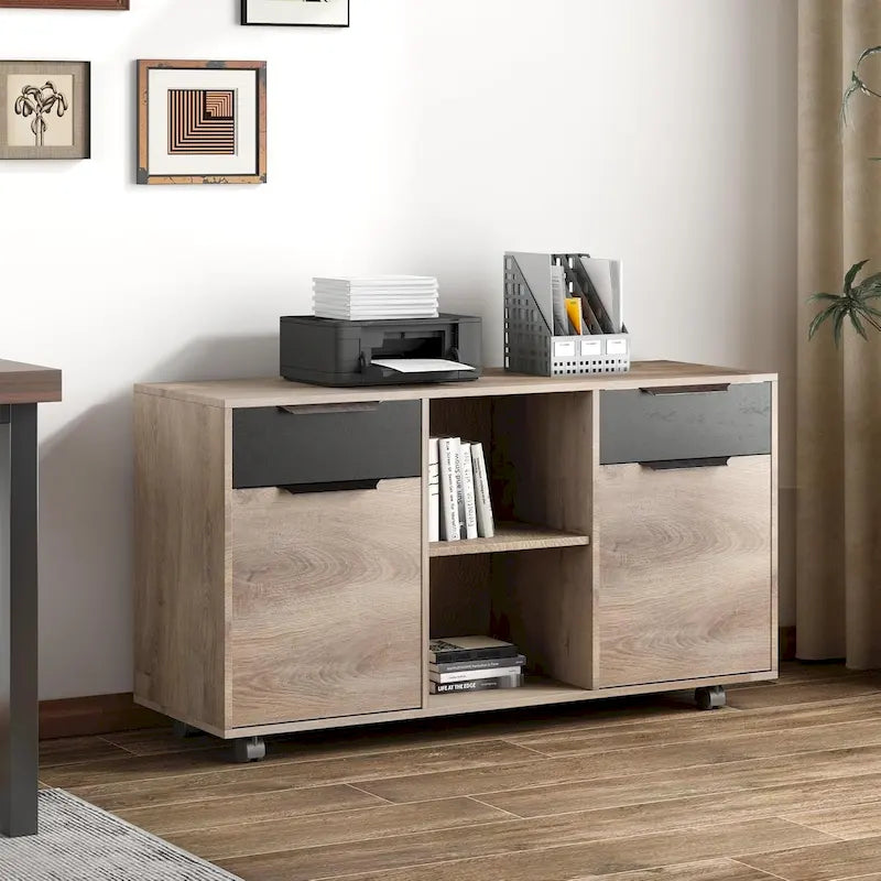 47" Mobile Lateral File Cabinet & Printer Stand with 2 Drawers, Wheels & Open Shelves