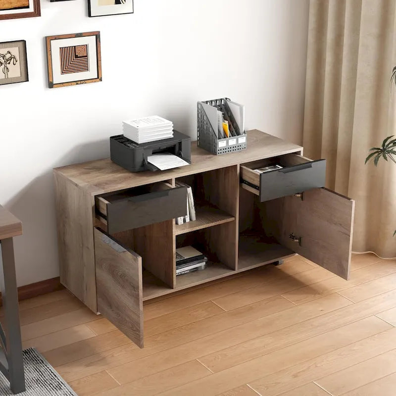 47" Mobile Lateral File Cabinet & Printer Stand with 2 Drawers, Wheels & Open Shelves