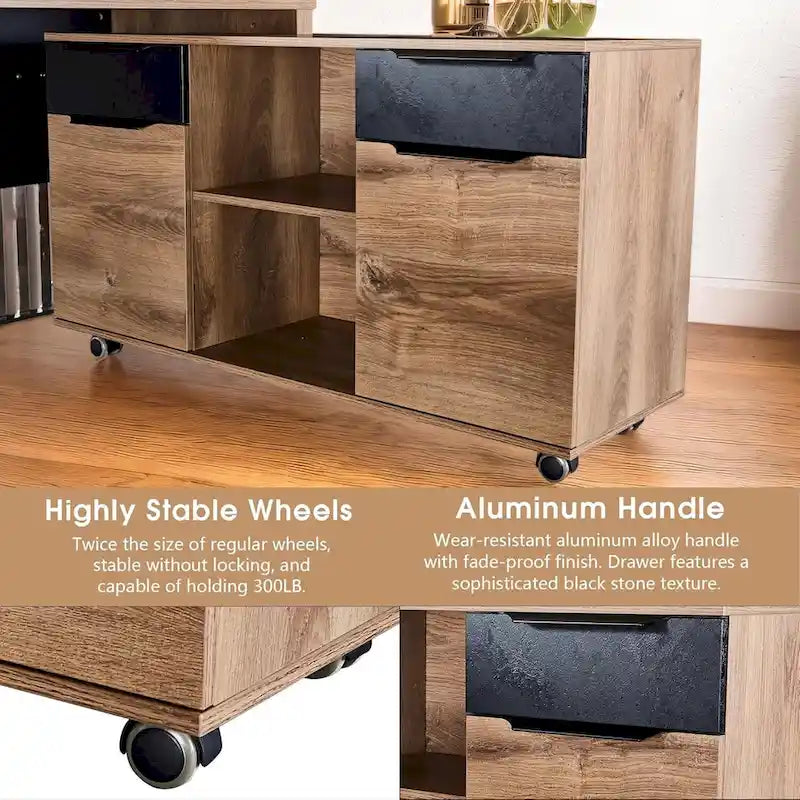 47" Mobile Lateral File Cabinet & Printer Stand with 2 Drawers, Wheels & Open Shelves