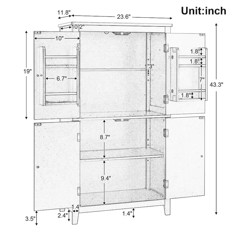 Elegant Bathroom Floor Storage Cabinet, Bathroom Storage Unit, Freestanding Cabinet with 4 Doors, Adjustable Shelves