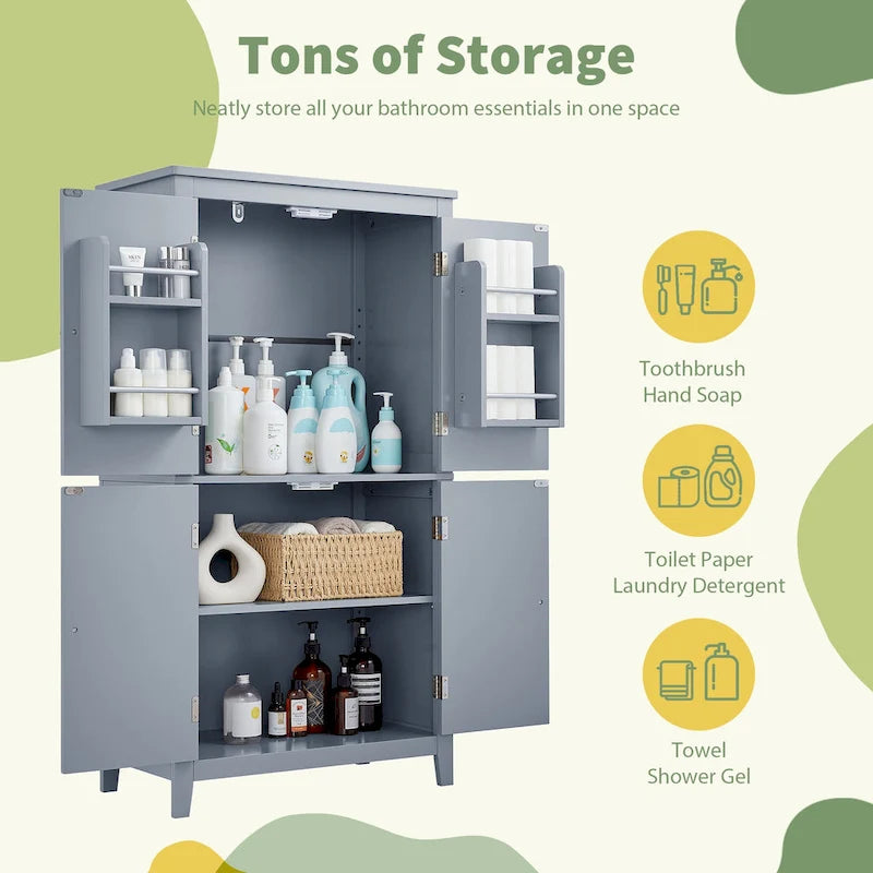 Elegant Bathroom Floor Storage Cabinet, Bathroom Storage Unit, Freestanding Cabinet with 4 Doors, Adjustable Shelves