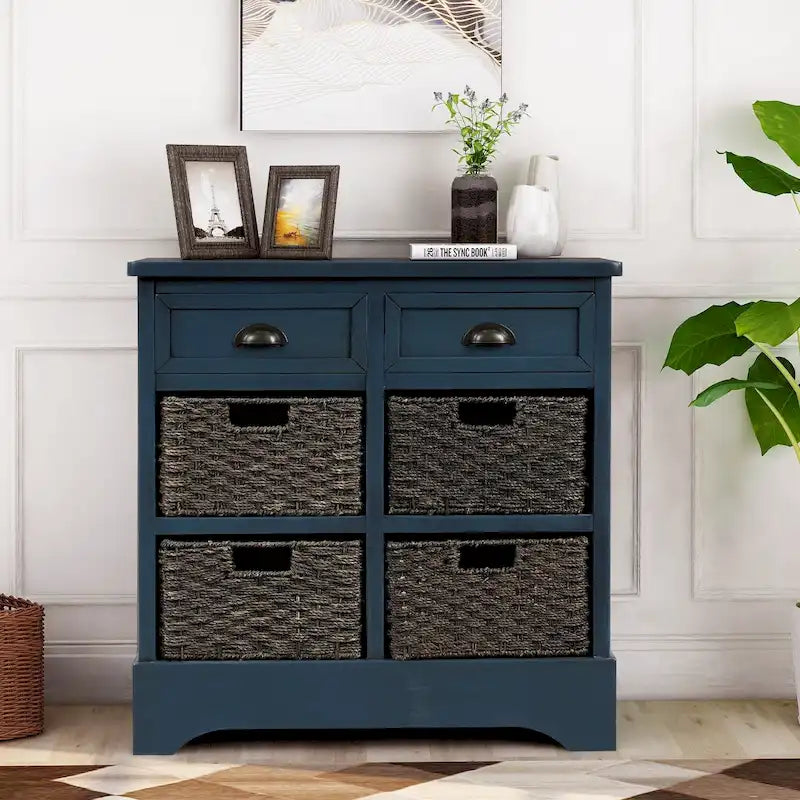 Rustic Storage Cabinet with 2 Drawers & 4 Wicker Rattan Baskets, Dining & Living Room