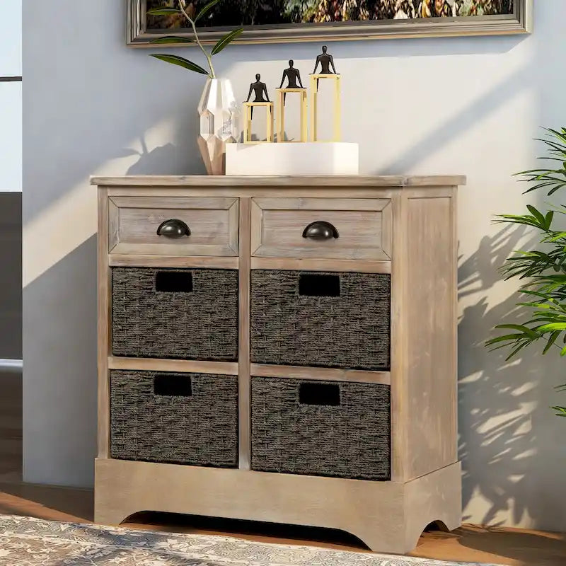Rustic Storage Cabinet with 2 Drawers & 4 Wicker Rattan Baskets, Dining & Living Room
