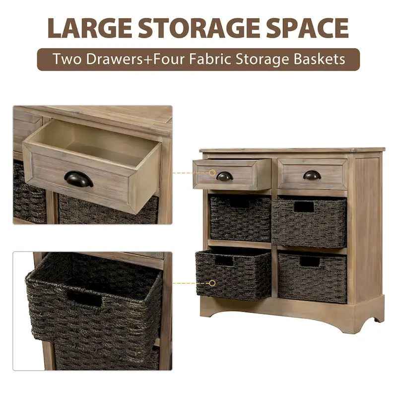 Rustic Storage Cabinet with 2 Drawers & 4 Wicker Rattan Baskets, Dining & Living Room