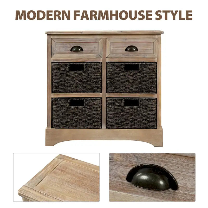 Rustic Storage Cabinet with 2 Drawers & 4 Wicker Rattan Baskets, Dining & Living Room
