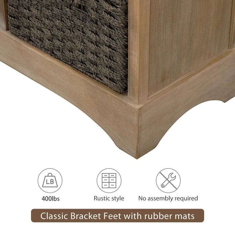 Rustic Storage Cabinet with 2 Drawers & 4 Wicker Rattan Baskets, Dining & Living Room