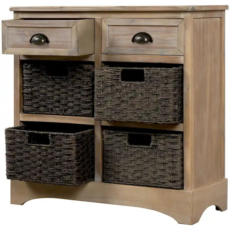 Rustic Storage Cabinet with 2 Drawers & 4 Wicker Rattan Baskets, Dining & Living Room
