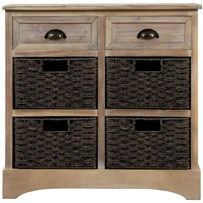 Rustic Storage Cabinet with 2 Drawers & 4 Wicker Rattan Baskets, Dining & Living Room
