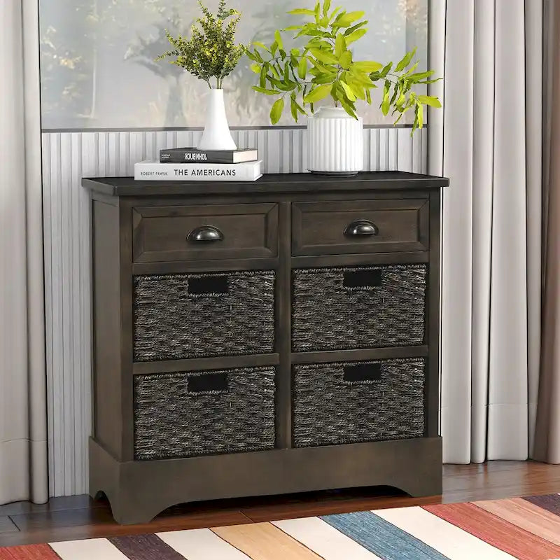Rustic Storage Cabinet with 2 Drawers & 4 Wicker Rattan Baskets, Dining & Living Room