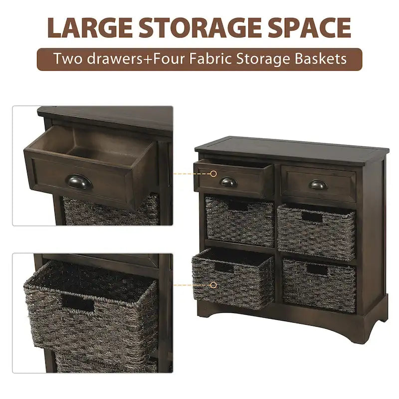 Rustic Storage Cabinet with 2 Drawers & 4 Wicker Rattan Baskets, Dining & Living Room