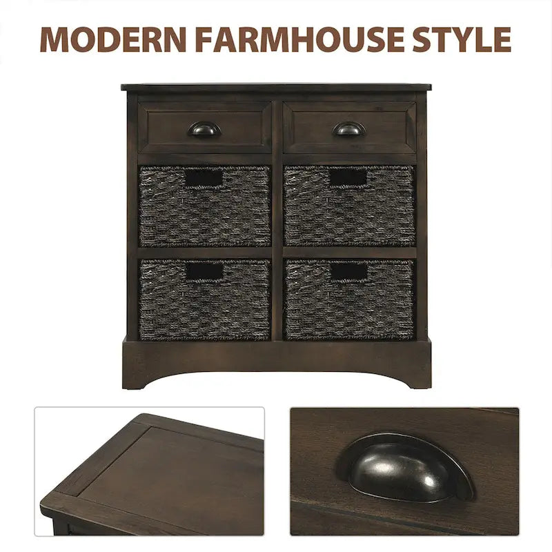 Rustic Storage Cabinet with 2 Drawers & 4 Wicker Rattan Baskets, Dining & Living Room