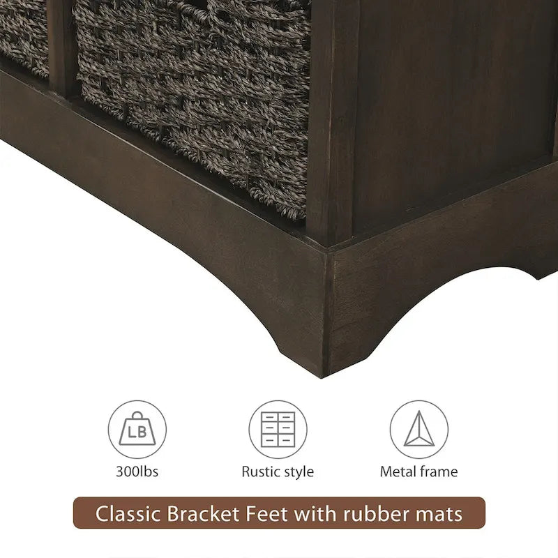 Rustic Storage Cabinet with 2 Drawers & 4 Wicker Rattan Baskets, Dining & Living Room