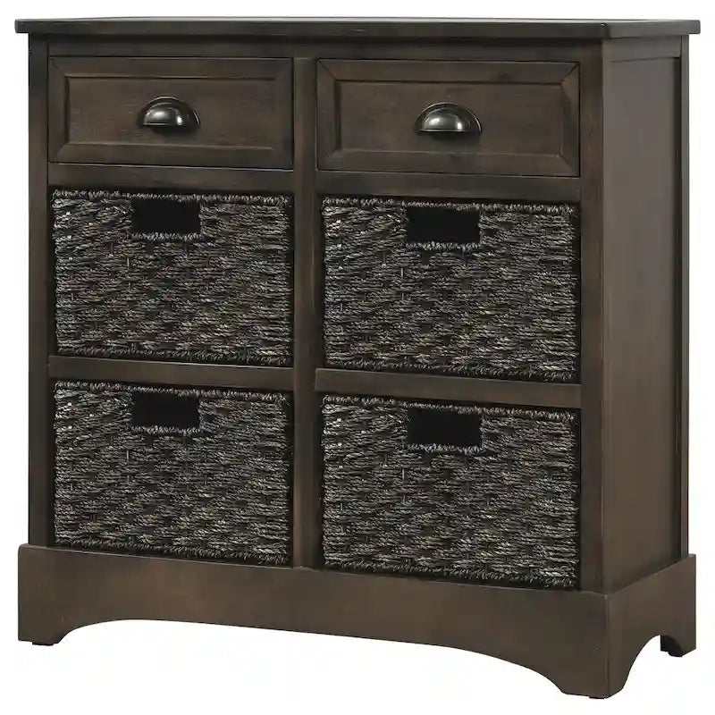 Rustic Storage Cabinet with 2 Drawers & 4 Wicker Rattan Baskets, Dining & Living Room