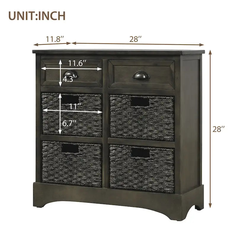 Rustic Storage Cabinet with 2 Drawers & 4 Wicker Rattan Baskets, Dining & Living Room