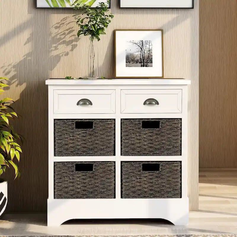 Rustic Storage Cabinet with 2 Drawers & 4 Wicker Rattan Baskets, Dining & Living Room