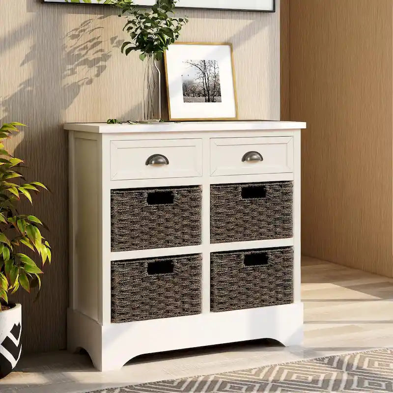 Rustic Storage Cabinet with 2 Drawers & 4 Wicker Rattan Baskets, Dining & Living Room