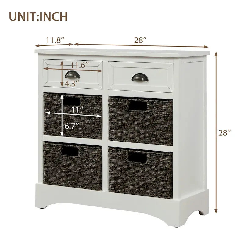 Rustic Storage Cabinet with 2 Drawers & 4 Wicker Rattan Baskets, Dining & Living Room