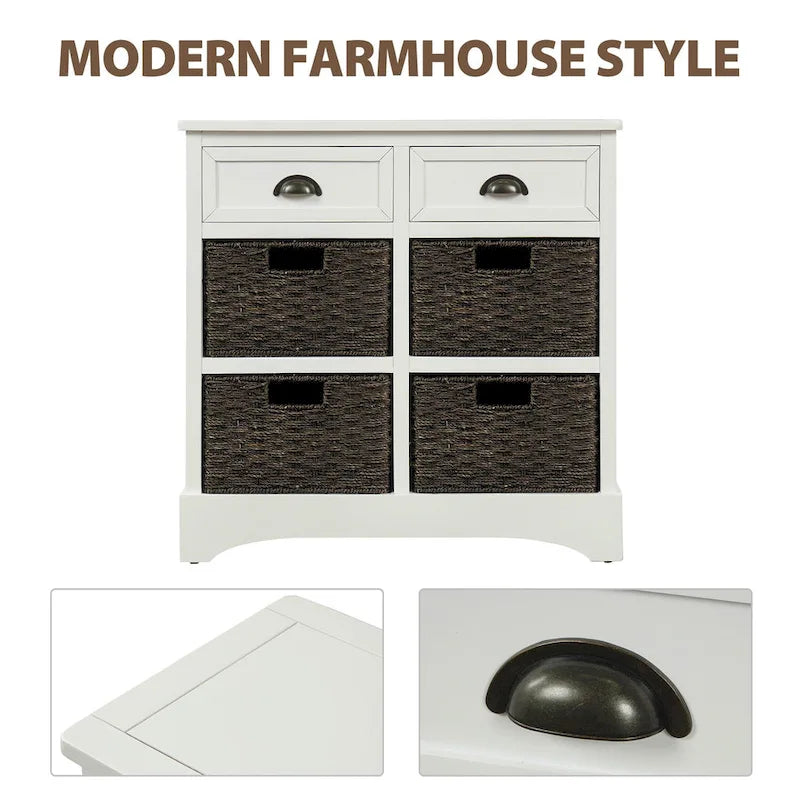 Rustic Storage Cabinet with 2 Drawers & 4 Wicker Rattan Baskets, Dining & Living Room