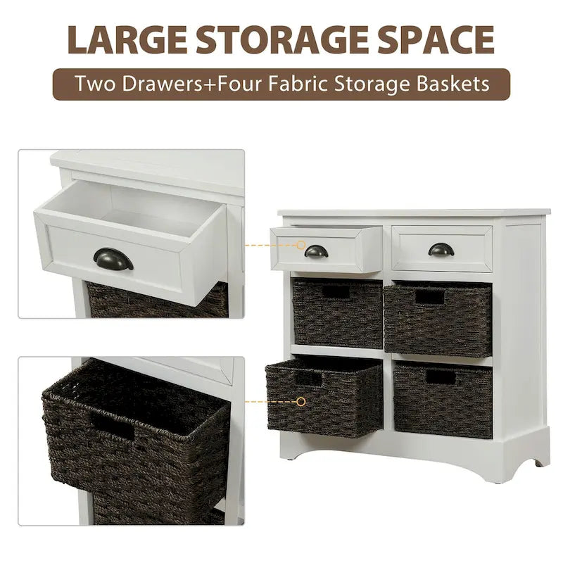 Rustic Storage Cabinet with 2 Drawers & 4 Wicker Rattan Baskets, Dining & Living Room