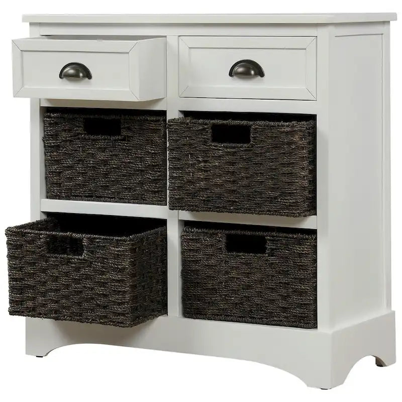 Rustic Storage Cabinet with 2 Drawers & 4 Wicker Rattan Baskets, Dining & Living Room