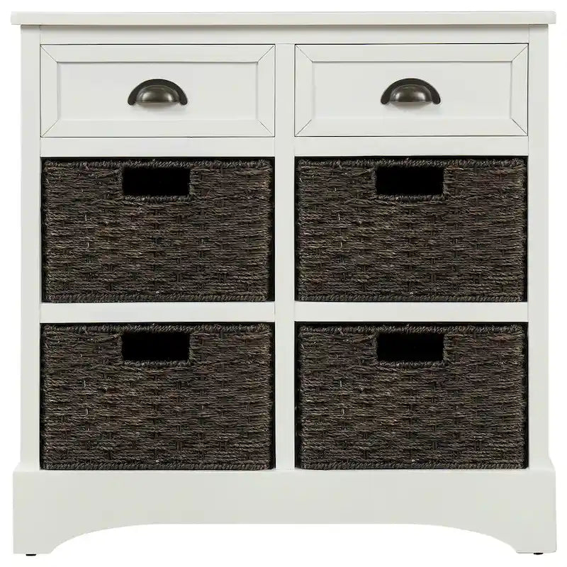 Rustic Storage Cabinet with 2 Drawers & 4 Wicker Rattan Baskets, Dining & Living Room