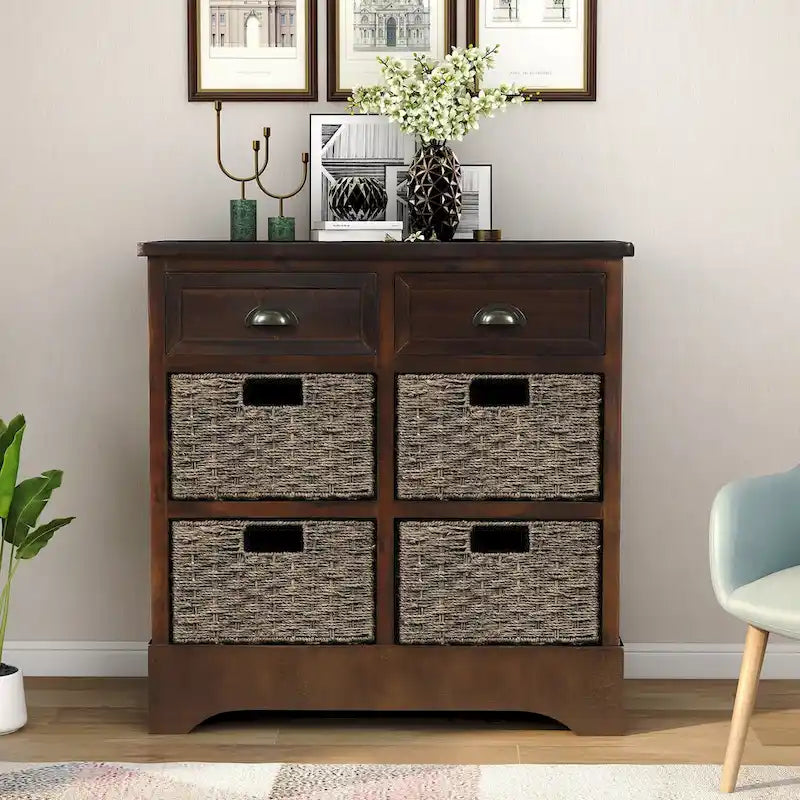 Rustic Storage Cabinet with 2 Drawers & 4 Wicker Rattan Baskets, Dining & Living Room