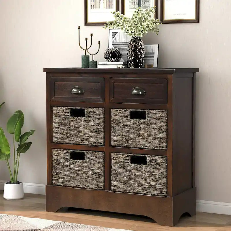 Rustic Storage Cabinet with 2 Drawers & 4 Wicker Rattan Baskets, Dining & Living Room