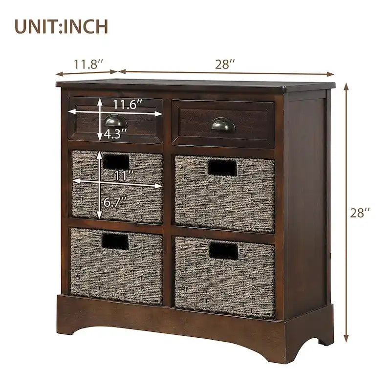 Rustic Storage Cabinet with 2 Drawers & 4 Wicker Rattan Baskets, Dining & Living Room