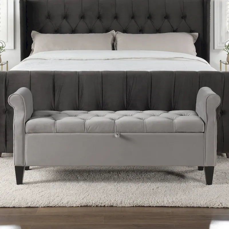 Upholstered Storage Bench with Hand-Tufted Cushion, Rolled Arms & Espresso Legs