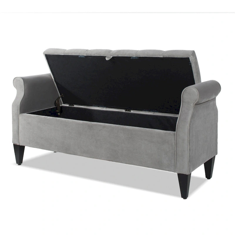 Upholstered Storage Bench with Hand-Tufted Cushion, Rolled Arms & Espresso Legs