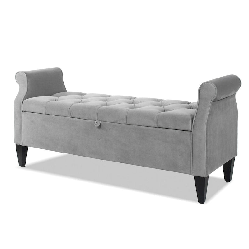 Upholstered Storage Bench with Hand-Tufted Cushion, Rolled Arms & Espresso Legs