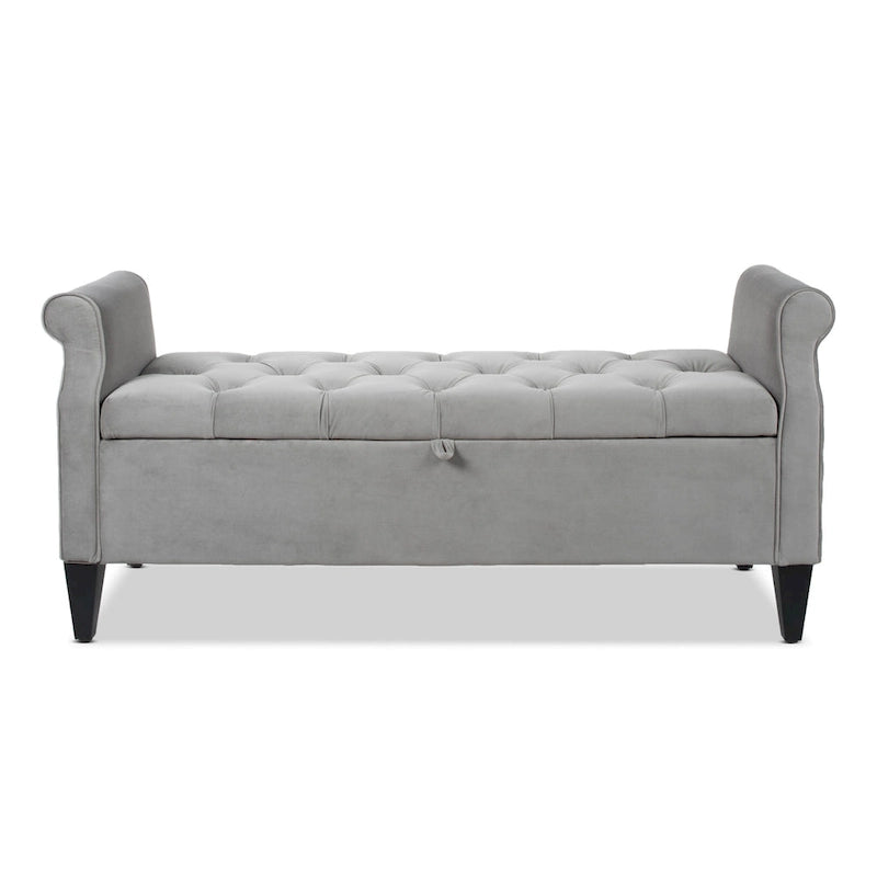Upholstered Storage Bench with Hand-Tufted Cushion, Rolled Arms & Espresso Legs