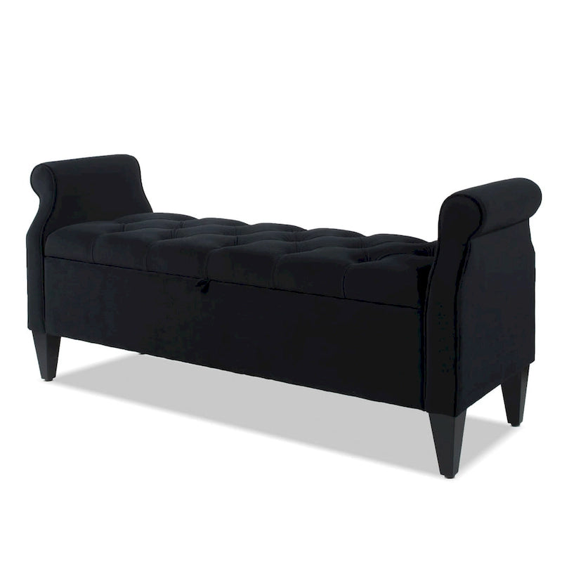Upholstered Storage Bench with Hand-Tufted Cushion, Rolled Arms & Espresso Legs