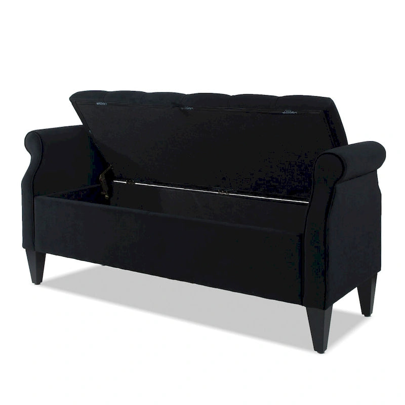 Upholstered Storage Bench with Hand-Tufted Cushion, Rolled Arms & Espresso Legs