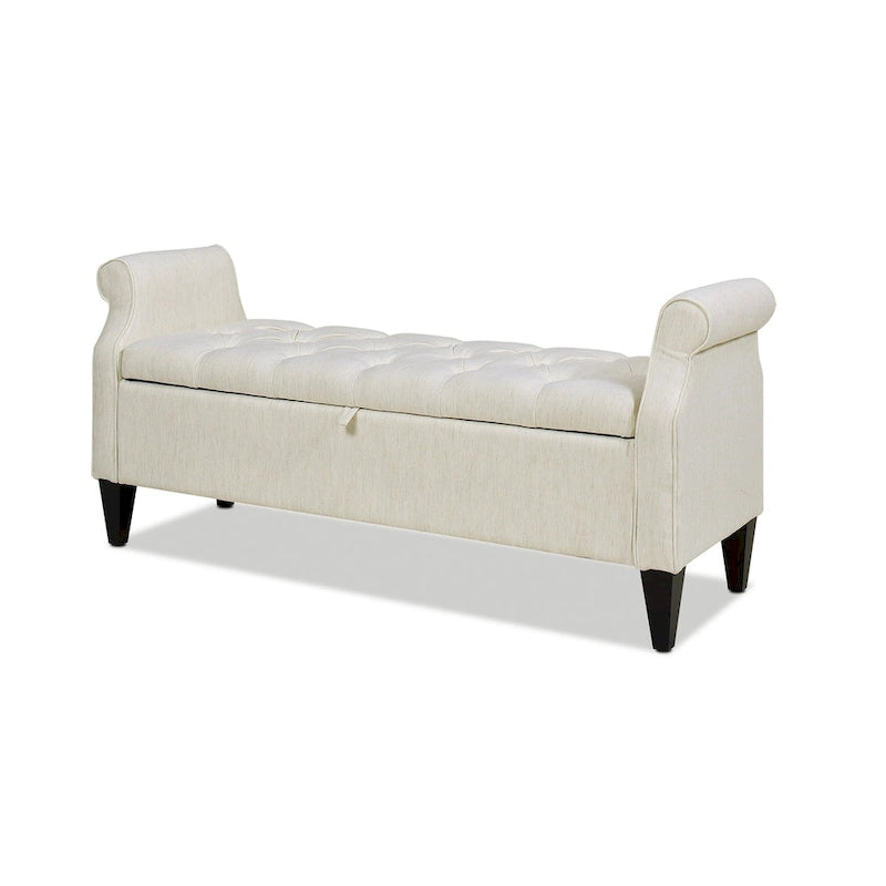 Upholstered Storage Bench with Hand-Tufted Cushion, Rolled Arms & Espresso Legs