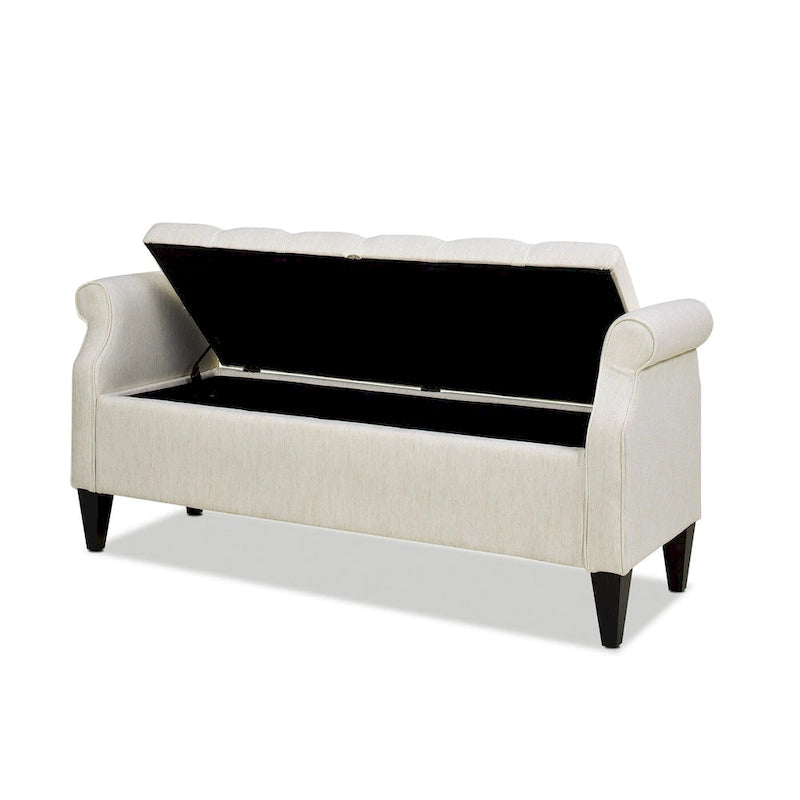 Upholstered Storage Bench with Hand-Tufted Cushion, Rolled Arms & Espresso Legs