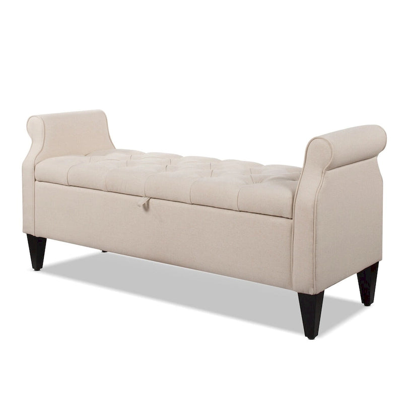 Upholstered Storage Bench with Hand-Tufted Cushion, Rolled Arms & Espresso Legs