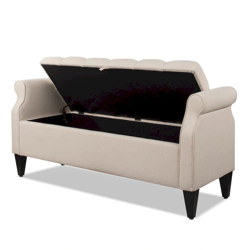 Upholstered Storage Bench with Hand-Tufted Cushion, Rolled Arms & Espresso Legs