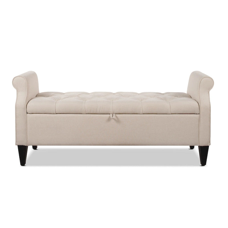 Upholstered Storage Bench with Hand-Tufted Cushion, Rolled Arms & Espresso Legs