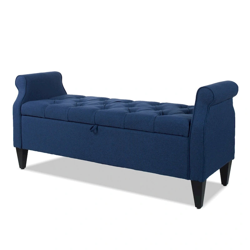 Upholstered Storage Bench with Hand-Tufted Cushion, Rolled Arms & Espresso Legs