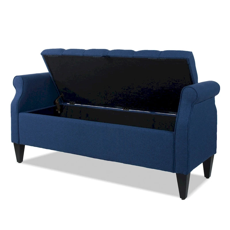 Upholstered Storage Bench with Hand-Tufted Cushion, Rolled Arms & Espresso Legs