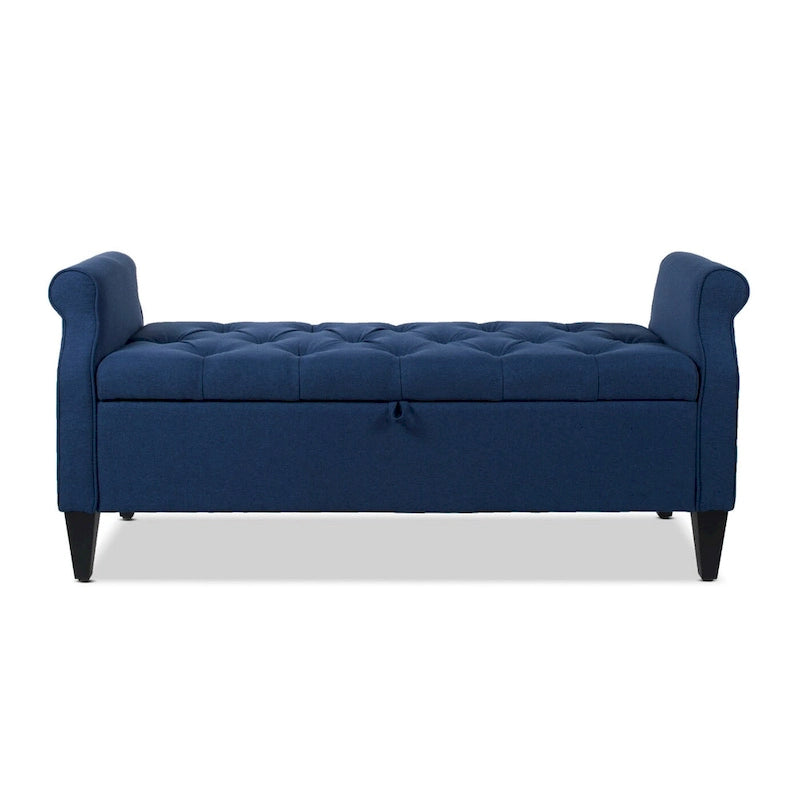 Upholstered Storage Bench with Hand-Tufted Cushion, Rolled Arms & Espresso Legs
