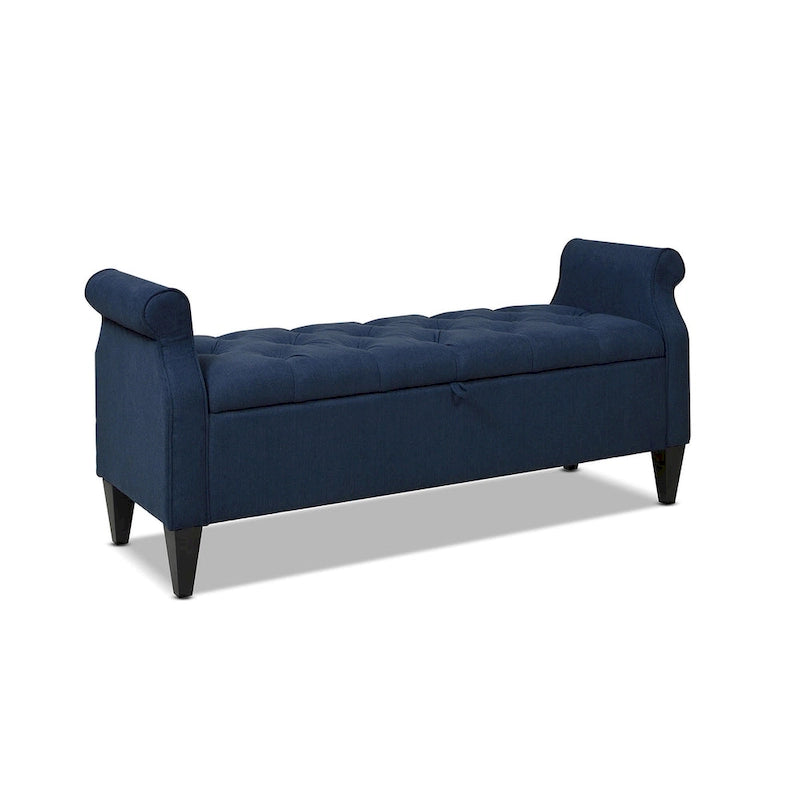 Upholstered Storage Bench with Hand-Tufted Cushion, Rolled Arms & Espresso Legs